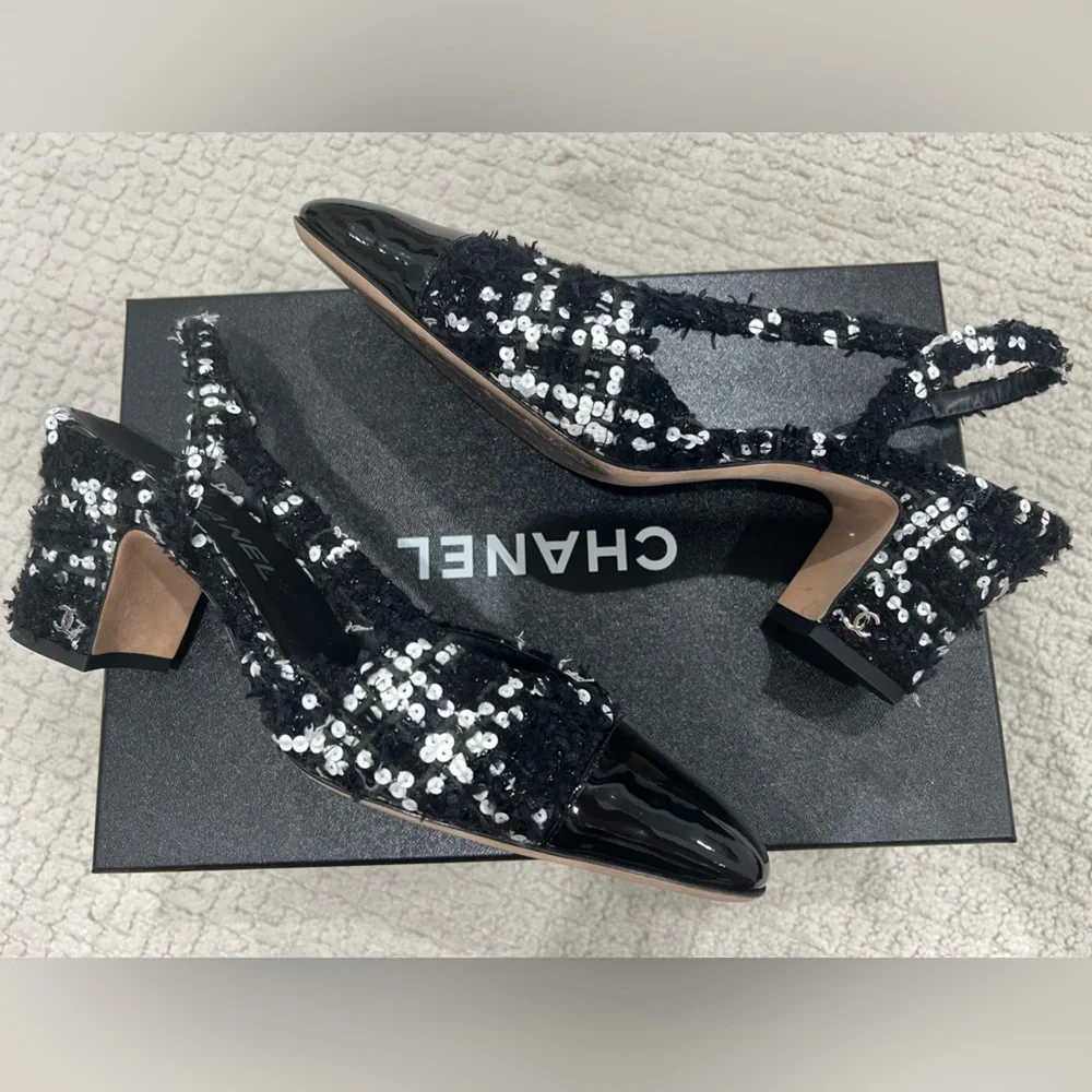 Chanel glittered tweed & sequin slingbacks